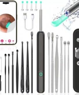 18 Piezas Limpiador de Oídos, Camara 1296P y Luz Eliminación de Ear Wax, Herramienta de Eliminación de Cera de Oídos, Kit de Eliminación de Cera de Oídos Compatible con ios y Android-Negro