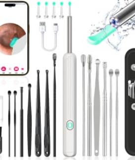18 Piezas Limpiador de Oídos, Camara 1296P y Luz Eliminación de Ear Wax, Herramienta de Eliminación de Cera de Oídos, Kit de Eliminación de Cera de Oídos Compatible con ios y Android-Blanco