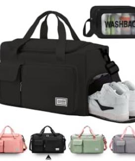 Maleta Deportiva Bolsa Deportiva Mujer para Gym con Mochila de Almacenamiento, Correa Ajustable, Diseño de Separación Húmedo y Seco, con Compartimento para Zapatos, para Ejercicio Físico, Viajes-Negro